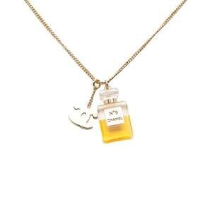Chanel Coco Mark No. 5 Perfume Bottle Pendant Necklace in Gold and Clear Plas...